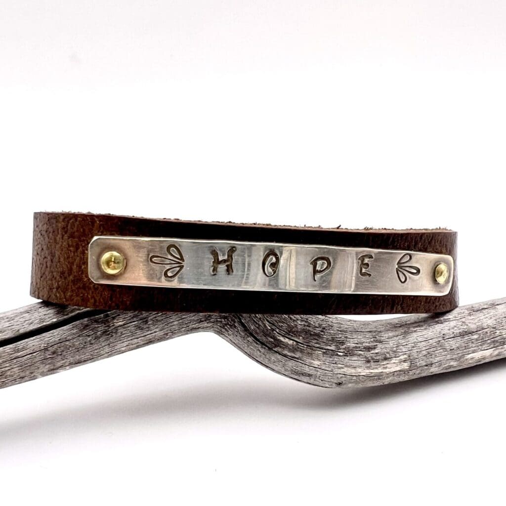 Make Your Own Jewelry Craft & Sip Salida Jewelry Design Studio Shop - HOPE stamped leather cuff bracelet