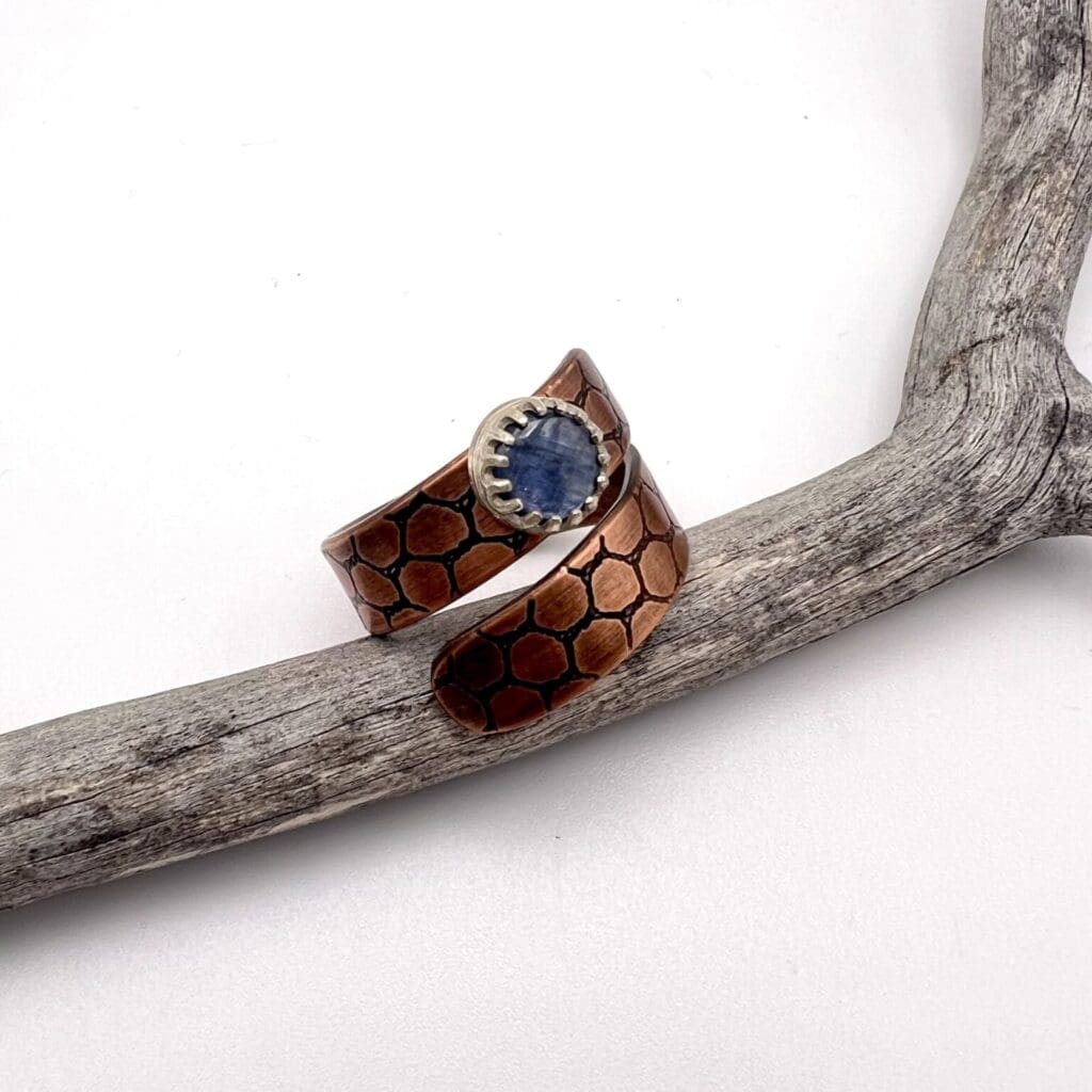 Make Your Own Jewelry Craft & Sip Salida Jewelry Design Studio Shop - stamped ring copper with blue stone